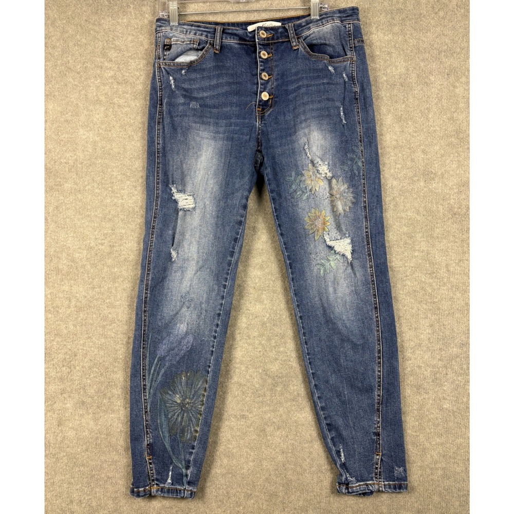 KanCan KC5109M High Rise Button Fly Floral Embroidered‎ Distressed Jeans 31 Blue
